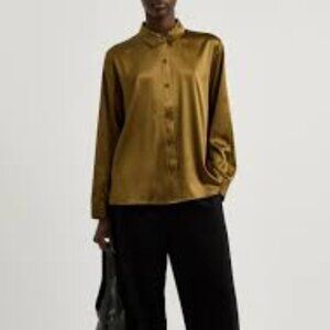 NWT Eileen Fisher GOLD LEAF Stretch Silk Charmeuse Classic Collar Shirt